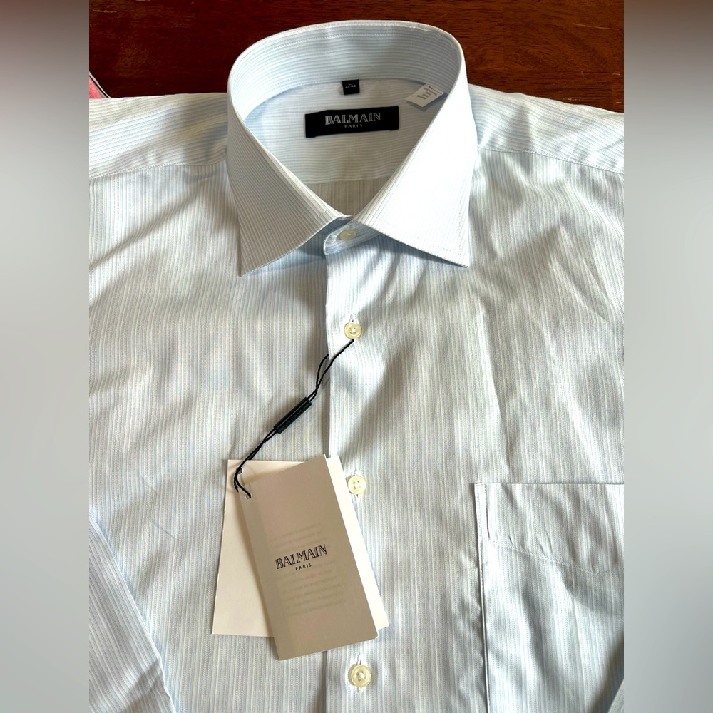 Balmain Men's Light Blue Striped Dress Shirt